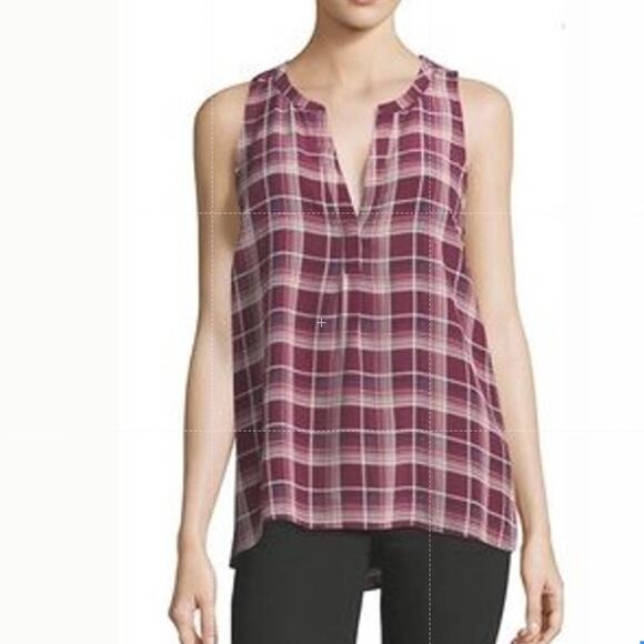 Joie Medium M Aruna Silk Plaid Sleeveless Blouse Top V Neck Red Pink Womens - Picture 11 of 12